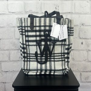 JW Anderson Unisex Oversized Belt Plaid Wool-Blend Leather Tote Bag Black White